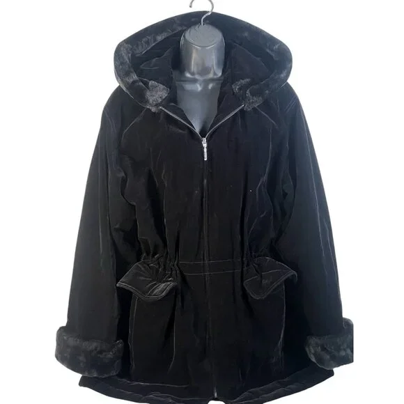 vintage Gallery old money velvet fur trim drawstring waist opera coat sz L black - Picture 2 of 10